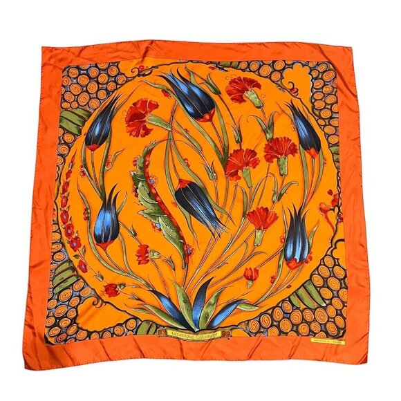 Hermes Ceramique Ottomane Orange Floral Silk Scarf Hand Rolled Made In France - Picture 1 of 14